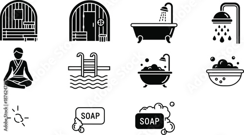 Hotel and hospitality line icon set. Vector pictograms of concierge, luggage, room service, spa, key, wifi, dining, shower, sauna, and cocktails, thin linear illustration
