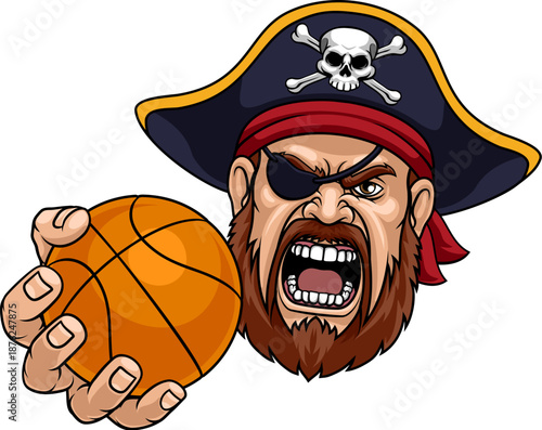 A Pirate man holding Basketball ball sports team cartoon charcater mascot illustration.