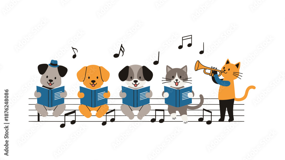 Naklejka premium Group of cute cartoon dogs and cats sitting on a musical staff and performing together by singing and playing the trumpet in a chorus.