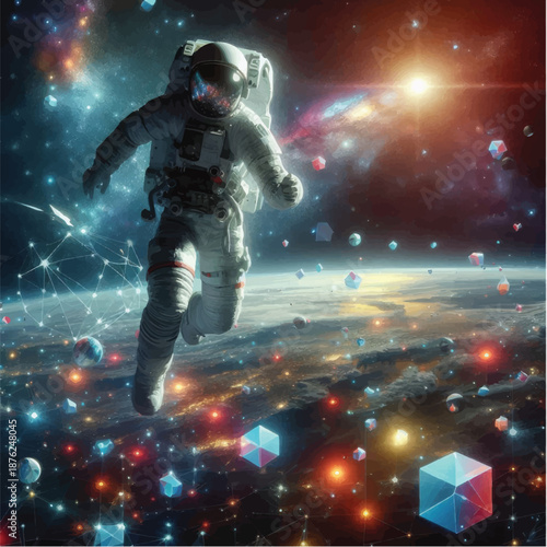 Astronaut in Space Suit Floating in Orbit.