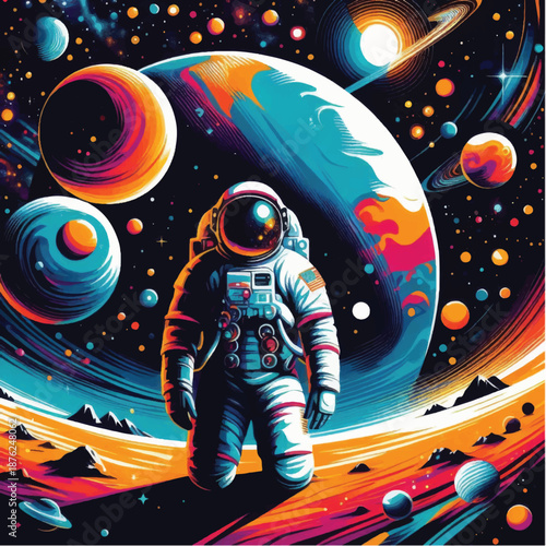 Astronaut in Space Suit Floating Near Planet.