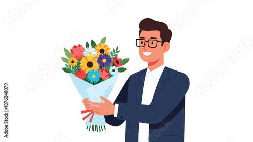 Happy young man wearing glasses and a formal suit holding a beautiful bouquet of colorful flowers to give as a gift for a special occasion.
