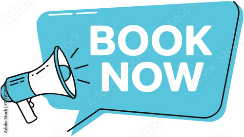 A blue speech bubble with a megaphone and the words BOOK NOW