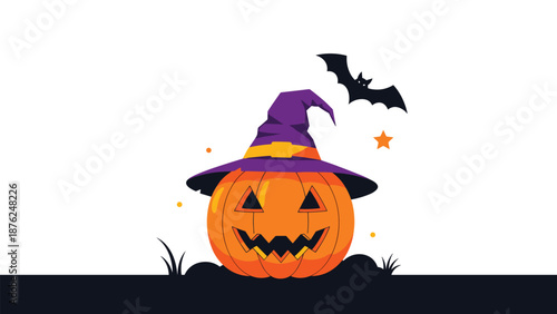 Spooky halloween jack o lantern pumpkin wearing a purple witch hat with a yellow band and a bat flying in the dark night sky with stars.