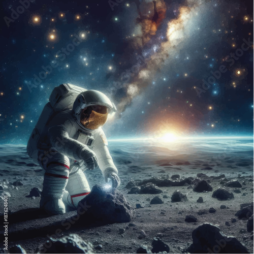 Astronaut in Space Suit on Moon Surface.