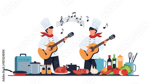 Two professional chefs wearing hats and red scarves playing acoustic guitars behind a counter filled with various fresh foods and ingredients.
