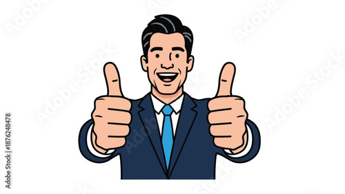 Enthusiastic businessman wearing a dark blue suit and tie smiling while giving a double thumbs up gesture against a clean white background.