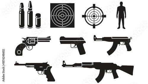 A collection of various gun silhouettes and targets on a white background