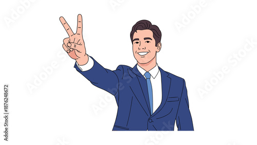 Confident young businessman in a dark blue suit and blue tie smiling while making a victory or peace sign with his hand over a white background.