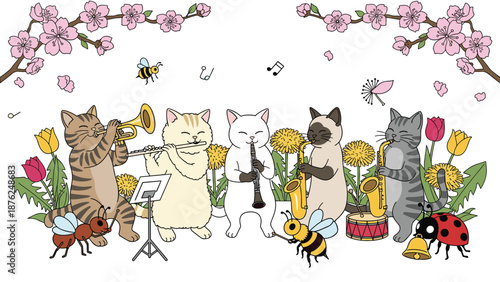 Group of various cats playing musical instruments like the trumpet, flute, and saxophone under blooming pink cherry blossom trees in spring.