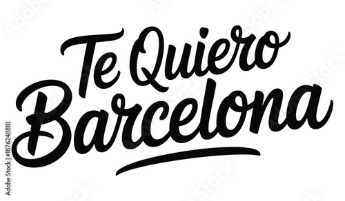 A stylized text graphic with the phrase Te Quiero Barcelona written in black cursive font on a white background.