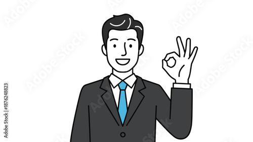 Friendly businessman wearing a grey suit and blue tie smiling and making an okay hand sign to show approval or agreement on a white background.