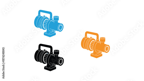A set of four industrial pump illustrations in different colors and styles