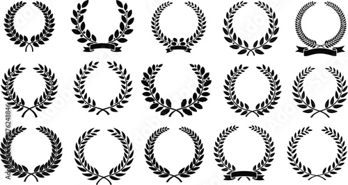 Black laurel wreath with Film Awards design elements. Premium insignia, traditional victory symbol on white background.