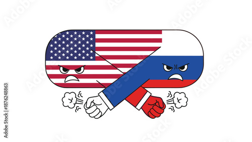 Personified flags of the United States and Russia depicted as angry characters with clenched fists engaged in a confrontation or conflict.