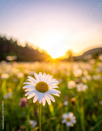 Daisy in a field at sunrise, with a vibrant yellow center and long white petals reaching up towards the sun