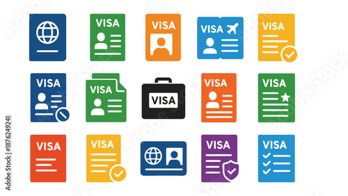 A collection of colorful visa icons on a white background
