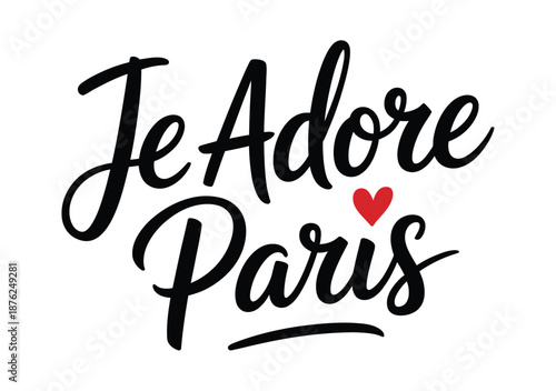 A stylized logo with the French phrase Je Adore Paris written in black cursive script on a white background