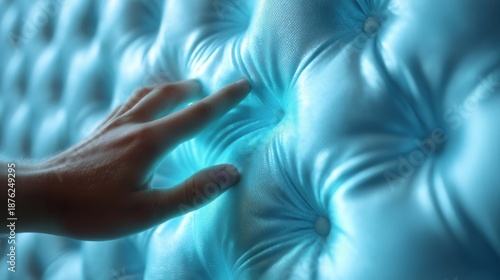 Sensory close-up of a human hand pressing into a soft, blue tufted memory foam surface, symbolizing comfort, pressure relief, and the tactile experience of premium bedding materials.