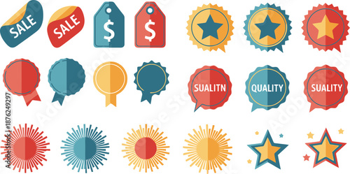 starburst. Price sticker, sale sticker, price tag, starburst, quality mark, retro stars, sale. Circle sticker set.