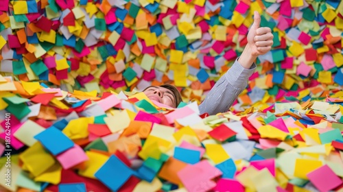A surreal and humorous concept shot of an office worker completely buried under a massive mountain of colorful sticky notes, with one hand emerging to give a thumbs up, representing overwhelming tasks