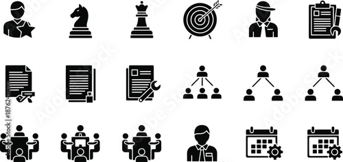 Human resources icon set. featuring recruitment, leadership, teamwork, and employee management elements in blue flat style for corporate business and workforce