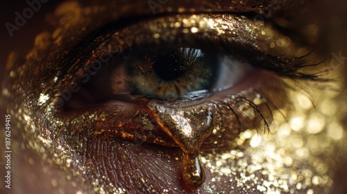 Stunning extreme macro portrait of a blue human eye crying a single golden tear, with shimmering gold glitter makeup, representing valuable emotions, inner wealth, and artistic sorrow.