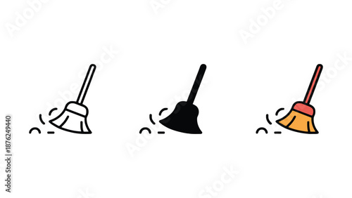 A colorful illustration of three brooms in different styles and colors