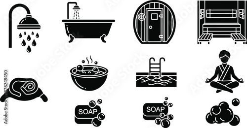 Hotel and hospitality line icon set. Vector pictograms of concierge, luggage, room service, spa, key, wifi, dining, shower, sauna, and cocktails, thin linear illustration
