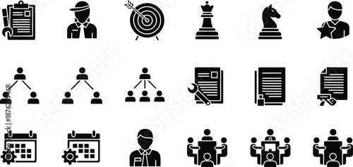 Human resources icon set. featuring recruitment, leadership, teamwork, and employee management elements in blue flat style for corporate business and workforce