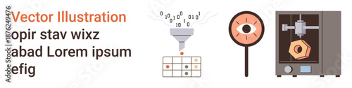 Data analysis, manufacturing, security, artificial intelligence, technology, visual processing. A data funnel, magnifier with eye and 3D printer . Data analysis and manufacturing ideas