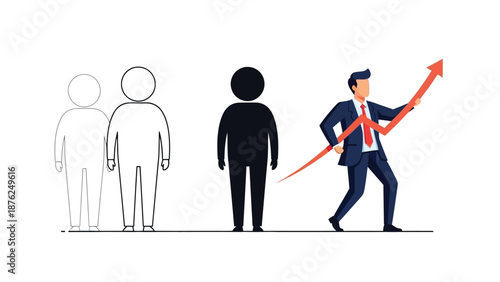 Business growth and transformation concept from outline figures to successful businessman holding upward trending arrow