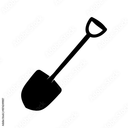 A minimalist black and white illustration of a garden or construction shovel