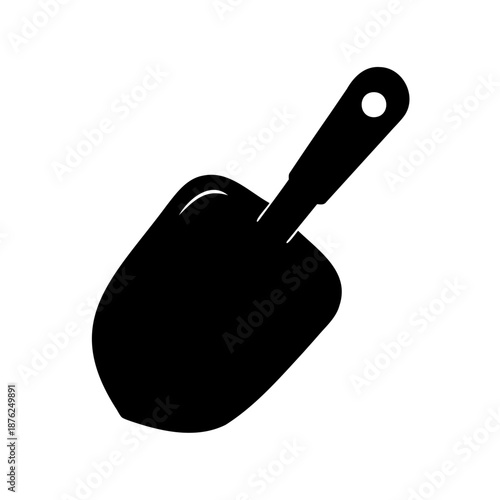 Black silhouette of a garden trowel, gardening tool with handle and hole