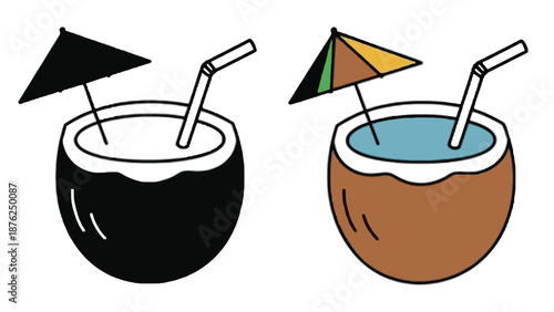 Two cartoon coconuts with umbrellas and straws on a white background