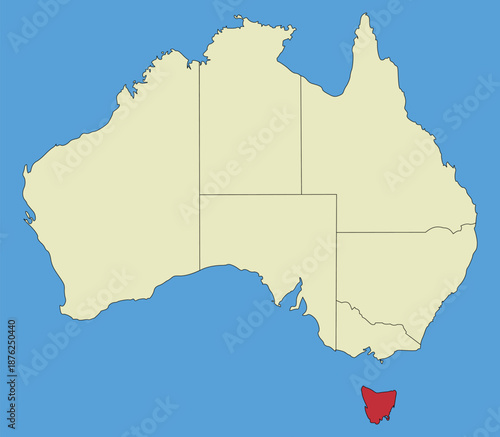 Map of Tasmania, silhouette illustration of a vector map isolated on a map of Australia. Australian states and territories