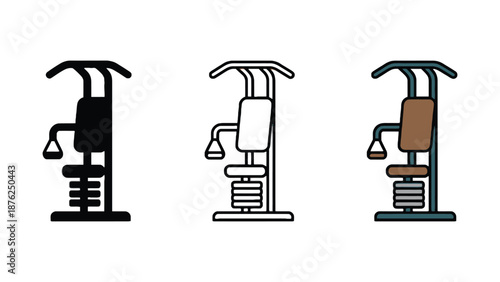 A set of three different colored exercise machines for fitness and workout