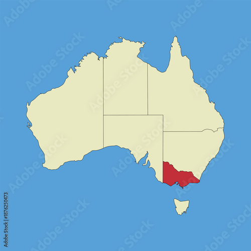 Map of Victoria, silhouette illustration of a vector map isolated on a map of Australia. Australian states and territories
