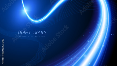 Abstract background with flowing light trails and glowing sparks on dark backdrop.