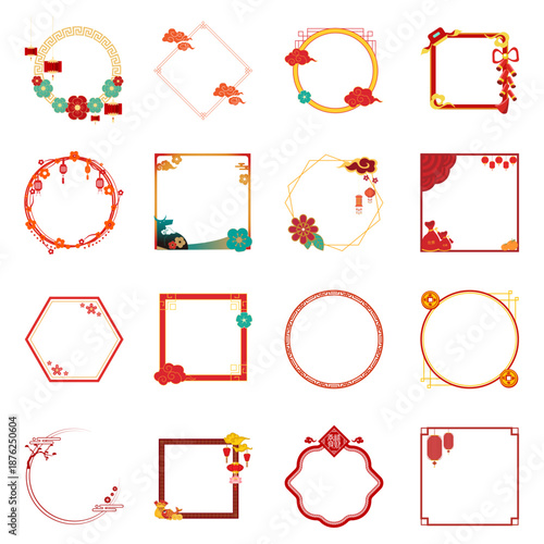 Minimalist floral frame collection. Vector geometric borders with red flowers for Chinese New Year text decoration