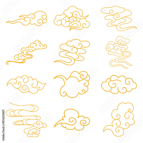 Traditional chinese cloud pattern set. Vector gold linear sky elements for oriental festival background decoration isolated on white