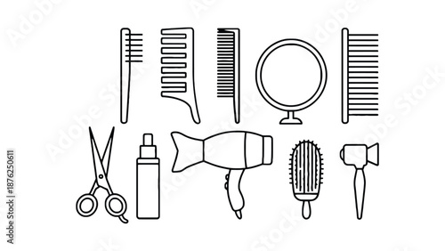 A colorful illustration of various hair care tools and products