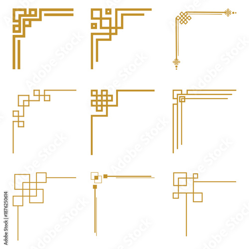 Gold geometric corner frame set. Vector luxury linear angle borders for Chinese New Year certificate or card decoration