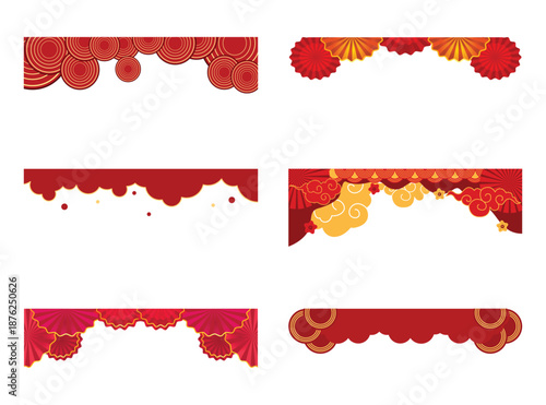 Chinese festival header decoration set. Vector red curtain borders with lanterns and clouds for Lunar New Year banner