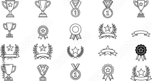 Hand drawn achievement and reward icon set featuring symbols of success, appreciation, and victory for marketing, social media, and competition