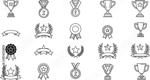 Hand drawn achievement and reward icon set featuring symbols of success, appreciation, and victory for marketing, social media, and competition
