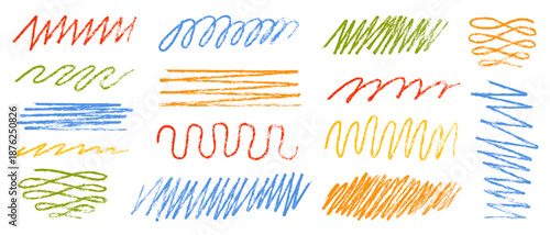 Hand drawn colorful crayon doodles and pencil scribbles with rough texture. Childlike strokes, underline marks and sketchy highlights. Vector set of expressive grunge lines isolated.