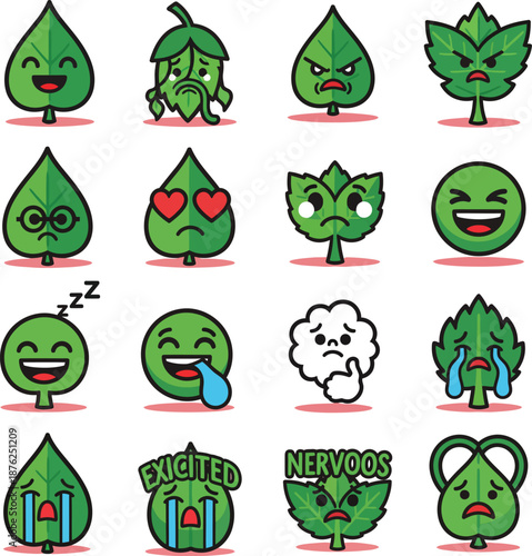 Expressive Cartoon Leaf Emojis Collection Featuring Diverse Emotions from Joy to Sadness, Perfect for Digital Communication, Graphic Design, and Nature-Themed Content