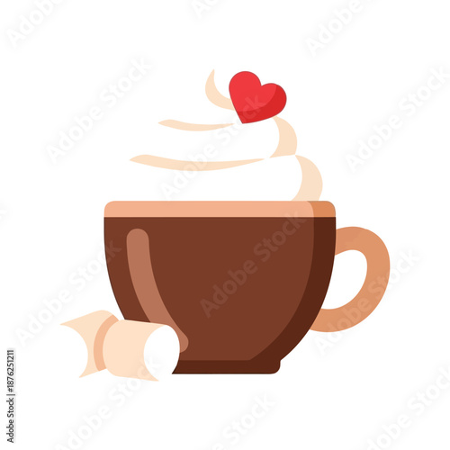 Coffee cup with whipped cream heart vector clipart for cafe menu and Valentine designs