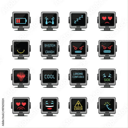 Vibrant grid of vintage digital screen emoticons showcasing a range of moods and technical conditions for modern user interface design